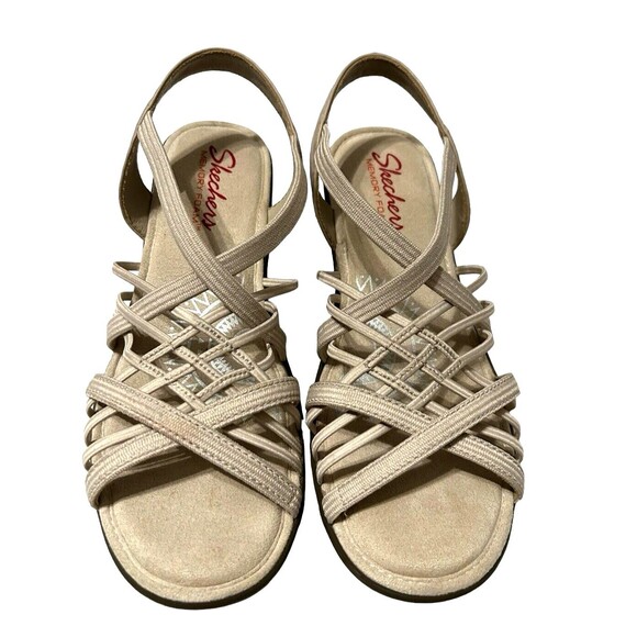 Skechers Memory Foam Multi Gore Sling Back Wedge Strappy Beige Sandals Sz 7.5? - Picture 3 of 16
